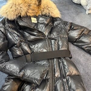 SAM Shiny Black Puffer Coat with Fur Trim